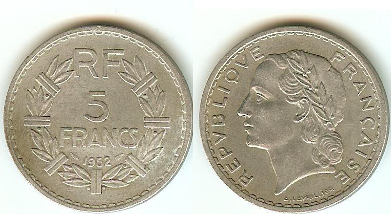 5 Francs Lavrillier(Alu.) 1952 TTB+ à SUP
